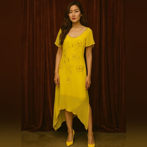 Women's Yellow Chiffon dress, Size Small. Beaded Detail. Asymmetrical Hem - Picture 1 of 6